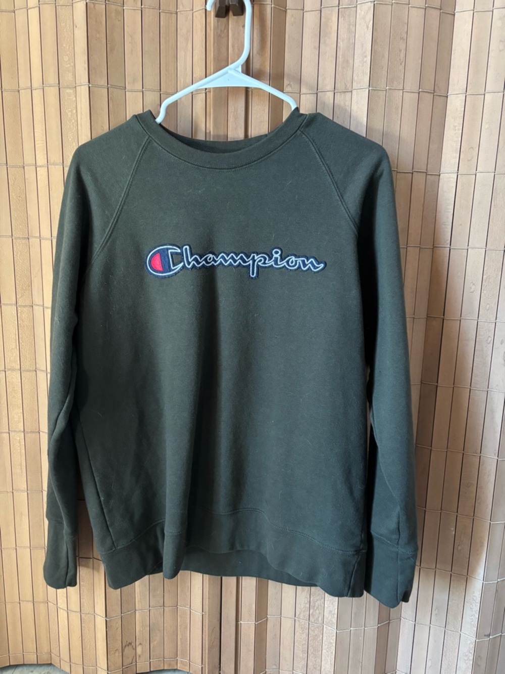 Champion Olive Crewneck Sweatshirt with Embroidered Script